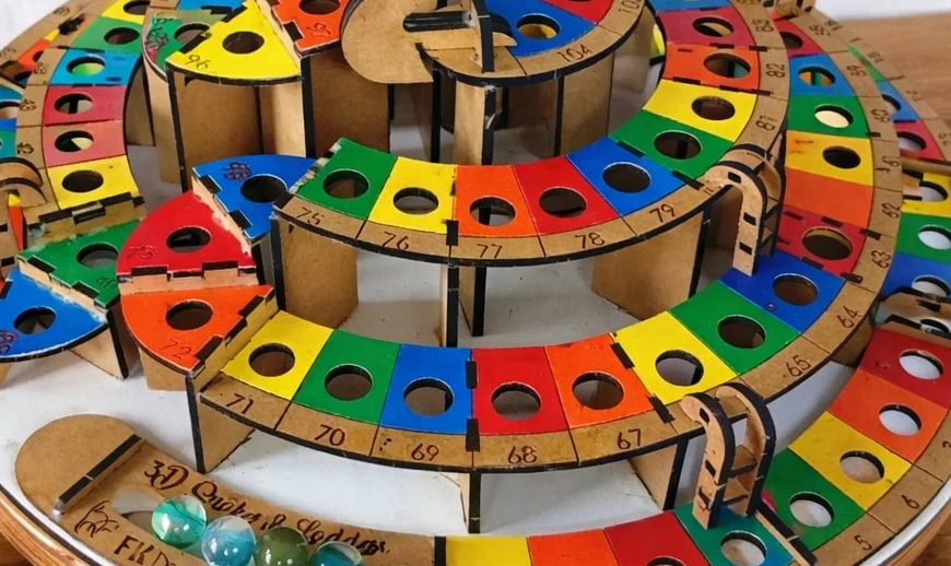Laser-cut wooden snakes and ladders board